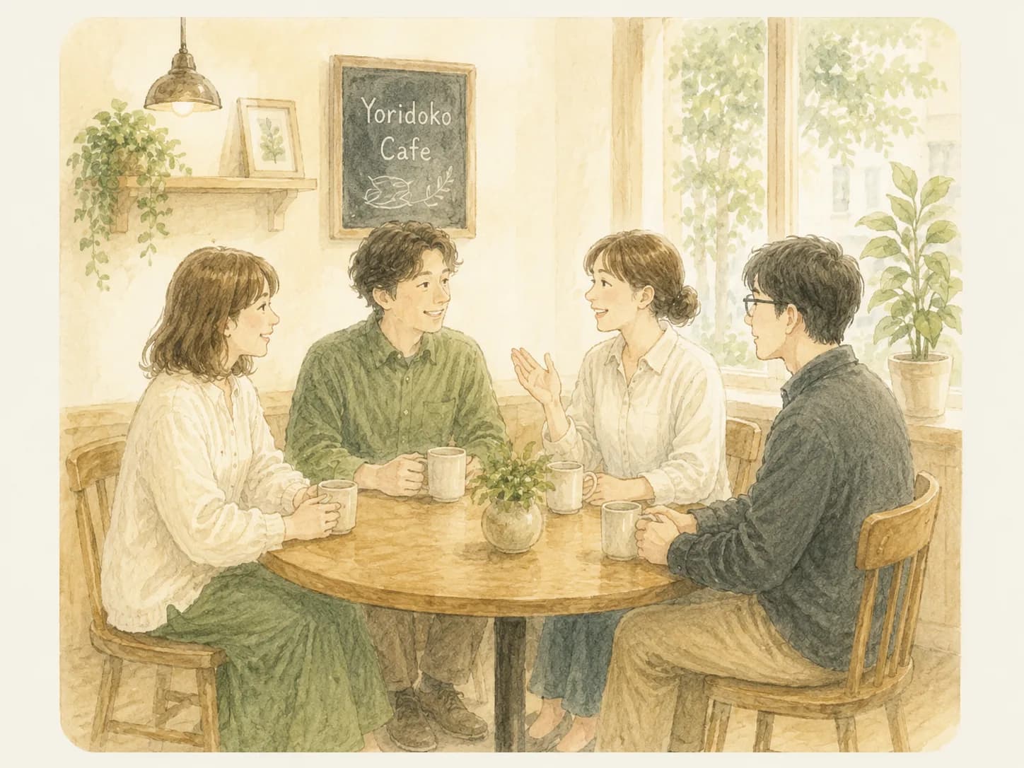 3〜4人の少人数で落ち着いて話せるイラスト