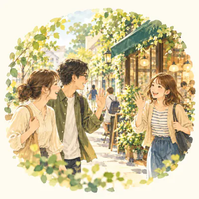 街の通りで手を振って再会する3人のイラスト