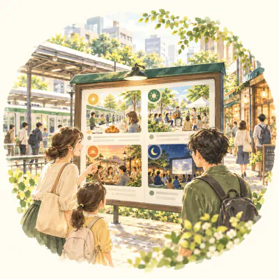 駅前の掲示板で、朝・昼・夕・夜の番組を指さして眺める親子と青年のイラスト