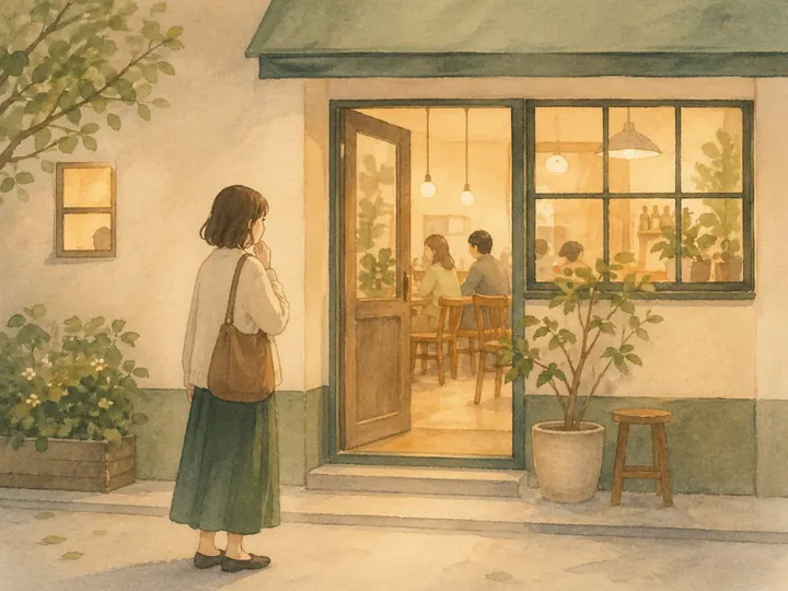 灯りのついたお店の前に立つ人のイラスト